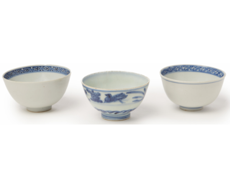 THREE BLUE AND WHITE PORCELAIN TEA BOWLS (2) Varying decoration approx 9.5cm each 300g altogether Inventory: P265, P300, P273