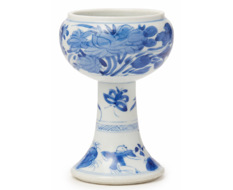 A BLUE AND WHITE PORCELAIN ALTAR STEM BOWL Kangxi period, according to the inventory The globular bowl on trumpet shaped foot