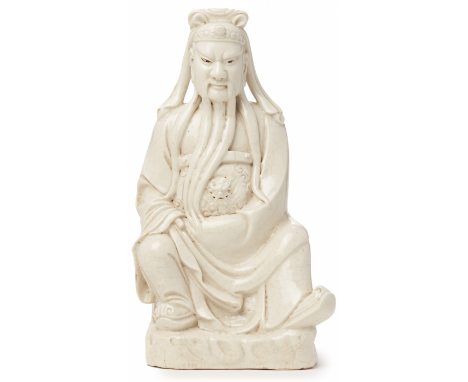 A 'BLANC DE CHINE' PORCELAIN FIGURE OF A SEATED DEITY Probably Qianlong, according to the inventory 29cm high With box (2.6kg