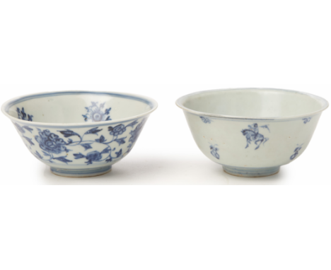 TWO BLUE AND WHITE PORCELAIN BOWLS One example with continuous scrolling foliage to the exterior; the other decorated with fi