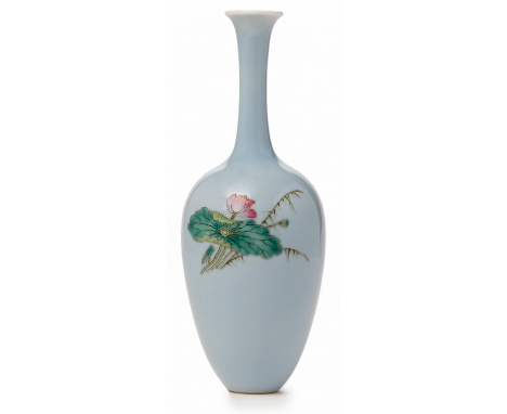 A 'FAMILLE ROSE' ENAMELLED 'CLAIR DE LUNE' BOTTLE VASE Six character Yongzheng mark to base Decorated with a lotus flower to 