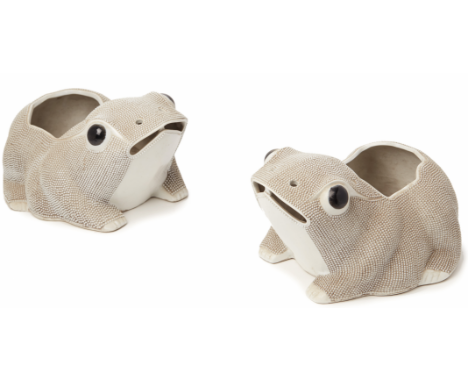 A PAIR OF FROG FORM PORCELAIN CACHE-POTS With open back and drainage hole to base 27cm long / 2.2kgs each Provenance: Purchas