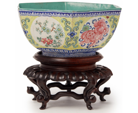 A HEXAGONAL ENAMELLED YIXING POTTERY BOWL Possibly 18th century, according to the inventory Decorated in polychrome enamels, 