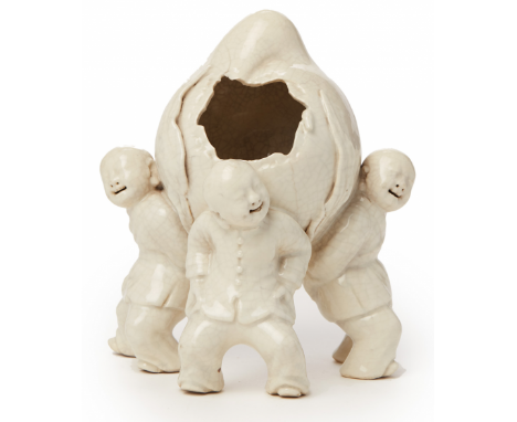 A 'BLANC DE CHINE' PORCELAIN FIGURAL BRUSH WASHER Probably Daoguang period, according to the inventory Modelled as three boys