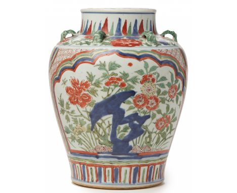 A WUCAI TRANSITIONAL STYLE PORCELAIN JAR Probably late Ming or early Qing, according to the inventory Decorated with flowerin