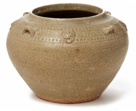 A 'YUE TYPE' CELADON POTTERY JAR Jin Dynasty, 3rd or 4th Century, according to the inventory The shoulder with a band of deco