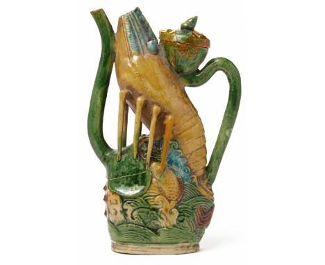 A SCARCE SANCAI GLAZED CRAYFISH EWER Probably Wanli period, according to the inventory With traces of gilding 20cm high With 