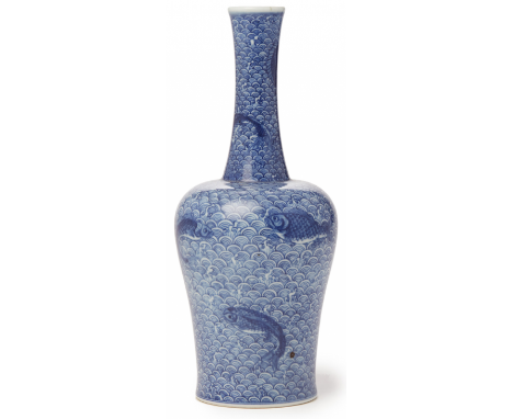 A B+D141:D142LUE AND WHITE PORCELAIN 'FISH' BOTTLE VASE Qianlong seal mark to base Possibly 19th Century, according to the in