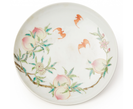 A 'FAMILLE ROSE' BAT AND PEACH DISH Qing Dynasty, Hsuan / Xuantong (1909-1912), according to the inventory Xuantong six chara