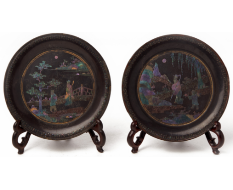 A PAIR OF SMALL 'LAC BURGAUTE' PLATES 18th/19th Century, inlaid character marks to base Decorated with figures in landscape s