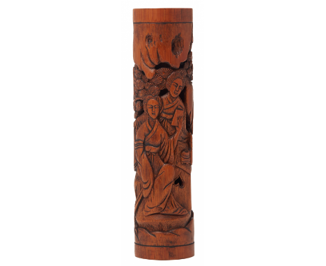 A CARVED BAMBOO INCENSE HOLDER Carved and pierced with two ladies beneath a pine tree 19cm high / 73g
_______________________