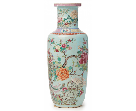 A 'FAMILLE ROSE' BLUE GROUND ROULEAU VASE Qianlong seal mark to base, but probably 19th Century, according to the inventory T