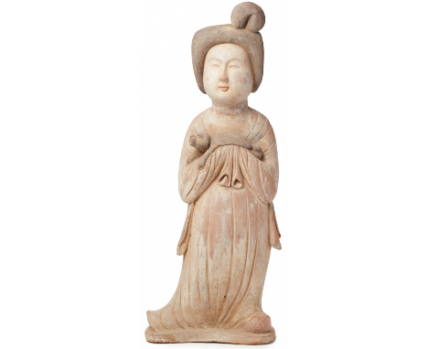 A LARGE PAINTED POTTERY FIGURE OF A COURT LADY WITH A DOG Tang Dynasty (AD618 - 907) 62cm high, on a 6cm square base Provenan