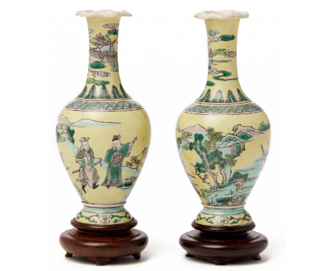 A PAIR OF SMALL YELLOW GROUND 'FAMILLE VERTE' BALUSTER VASES 14cm without the stand Sold with box (1.4kg - 25x23x9cm) Invento