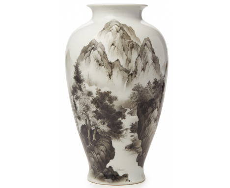 A GRISAILLE DECORATED BALUSTER PORCELAIN VASE Probably Japanese, six character mark in underglaze blue to base 42cm high / ap