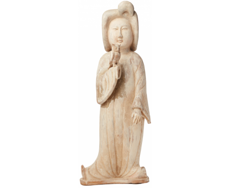 A LARGE PAINTED POTTERY FIGURE OF A COURT LADY WITH A OWL Tang Dynasty (AD618 - 907) 62cm high, on a 6cm square base Provenan