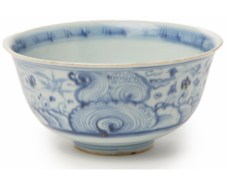 A BLUE AND WHITE PORCELAIN BOWL (4) With stylised decoration of flowers, foliage and rocks 16cm diameter, 430g &gt;&gt;Overal