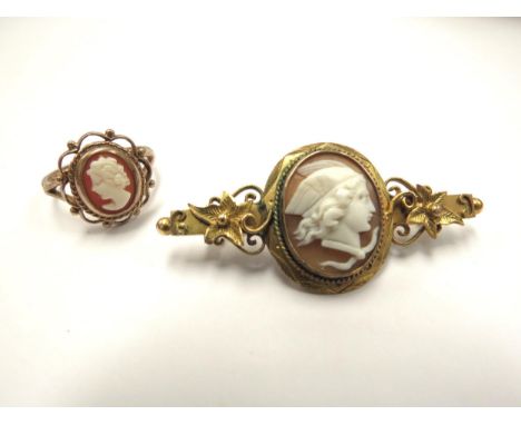 A gold cameo ring stamped 9ct, size L/M and a similar brooch depicting Mercury, unmarked 7.7g total 