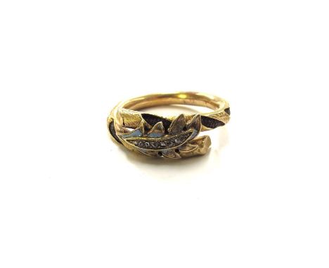 A Victorian woven hair memorial ring with unmarked gold outer, blue enamel leaf with old cut diamond vein. Size M, 2.5g 
