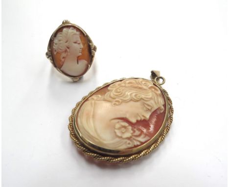 A 9ct gold cameo ring, female bust, size N and a 9ct gold framed cameo pendant 
