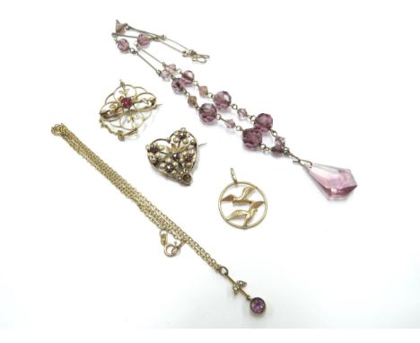 A 9ct gold necklace hung with an amethyst and seed pearl drop, a heart shaped brooch stamped 9ct, stone missing, a 9ct gold b