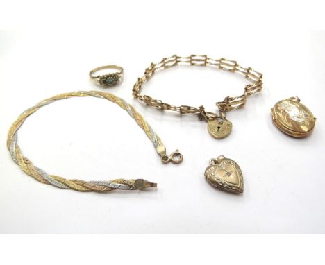 A 9ct gold gate bracelet, two 9ct gold lockets, two tone gold bracelet, 9ct gold emerald and diamond chip ring, 10g total 