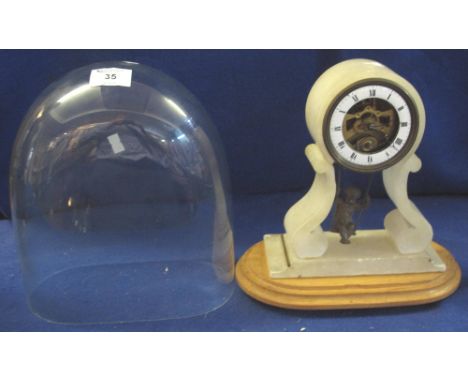 19th Century alabaster child on a swing mantel clock, having enamel face with exposed mechanism and Roman numerals, and under