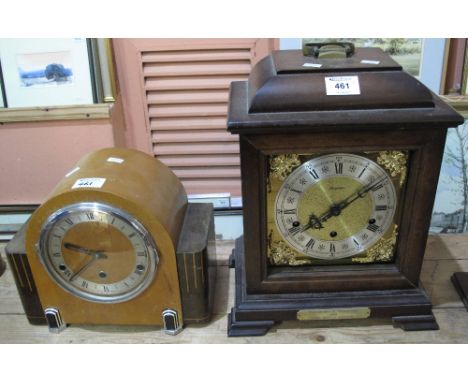 Large modern bracket type mantel clock with brass face, having silvered dial, with presentation plaque dated: 1992, Barcelona