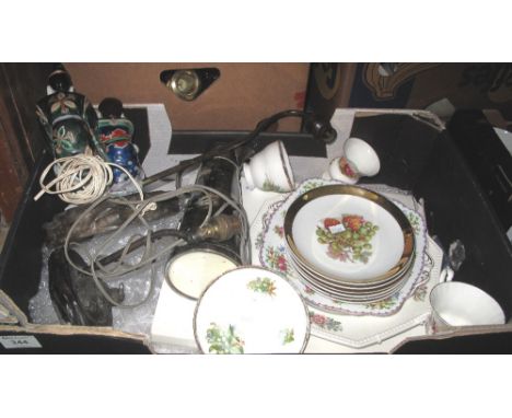 Tray of assorted china to include Continental fruit design plates; Royal Albert bone china 'Tapestry' design plate; pottery j