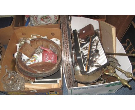 Two boxes of assorted items to include: large silver plated, two handled tray; brass companion items; loose plated cutlery; c