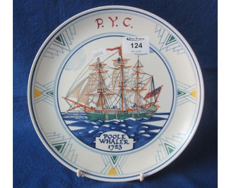 Poole Pottery 'PYC Poole Whaler, 1783' hand painted plate or dish by Arthur Bradbury and Gwen Haskins, with painted marking t