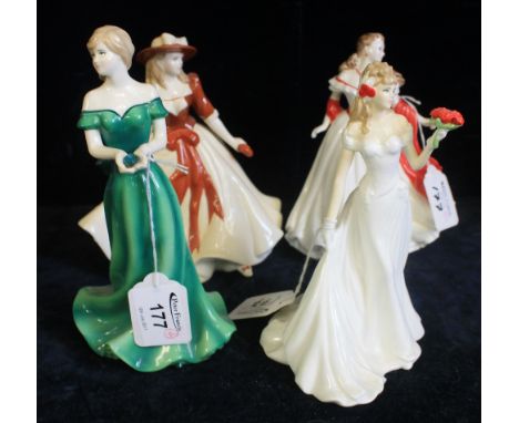 Four Royal Worcester bone china figurines to include: 'Sarah'; 'Olivia England'; 'Wedding Day' and 'Gemini' 'Birthstone Cryst