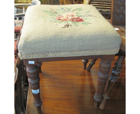 Edwardian mahogany square floral tapestry stool on ring turned legs.(B.P. 24% incl. VAT)