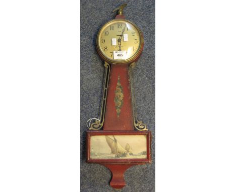 Mid 20th Century Continental style, balloon shaped wall hanging clock with painted floral decoration and ship print to the ba