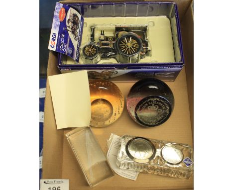 Box of assorted items to include: two Caithness paperweights commemorating Queen Elizabeth II 80th Birthday and 'Creatures Gr