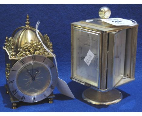 Gilt metal desk top pedestal clock thermometer barometer and hygrometer, together with a small modern, gilt metal, lantern ty