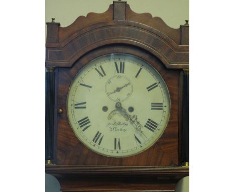 19th Century mahogany eight day long case clock, having   circular painted dial with Roman numerals, seconds dial and date ap