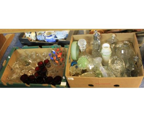 Two trays of assorted glassware to include: various drinking vessels; decanter and stopper; jelly moulds; water jugs; claret 