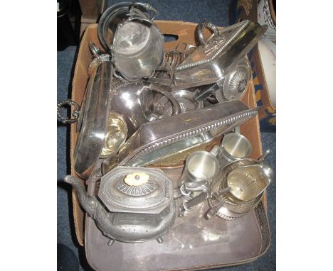 Large box of metalware to include: silver plated entree dishes; Walker and Hall toast rack; large two handled tray; Georgian 