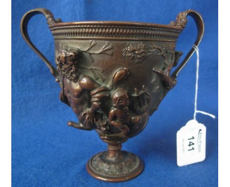 Mid 19th Century Elkington and Company bronze relief two handled pedestal urn, after a design by Benjamin Schlick, copying an