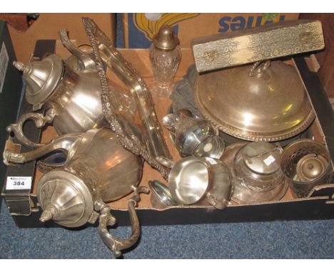 Tray of assorted metalware to include: silver plated tea service; circular entree dish; sugar sifter with glass body; fish kn
