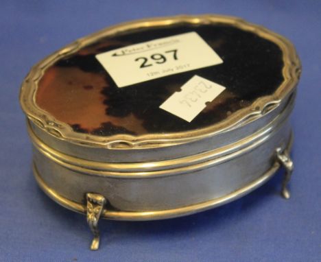 Silver and tortoiseshell oval ring or jewellery box raised on four cabriole legs with piecrust edge rim, Birmingham hallmarks