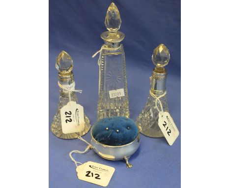 Assorted silver and glass items to include: three silver collared glass dressing table jars with stoppers together with silve