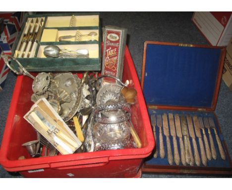 Box of assorted metalware to include: loose plated cutlery; boxed table cutlery; specimen vase; table candelabra; cased knife