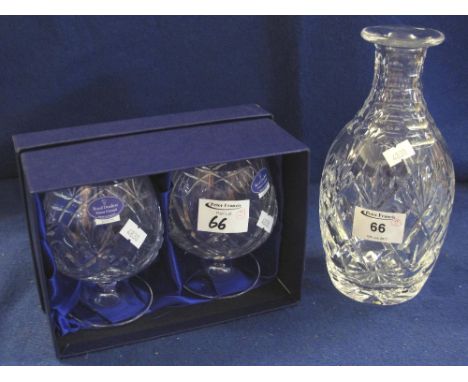 Pair of Royal Doulton cut lead crystal glass brandy balloons, together with a similar star cut, baluster shaped decanter (no 