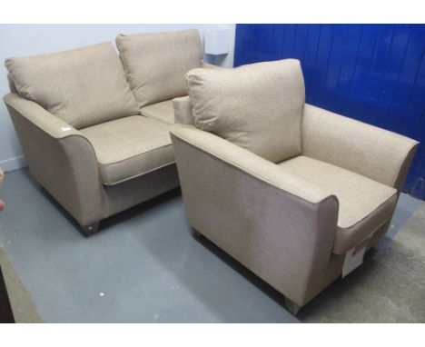 Modern beige ground two seater upholstered sofa with matching armchair. (2)(B.P. 24% incl. VAT)