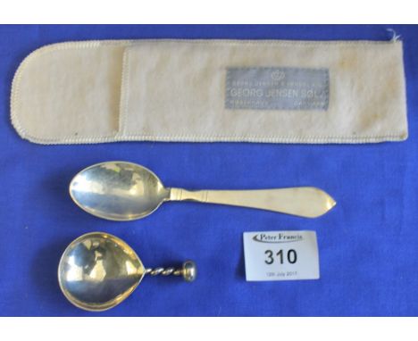 Danish sterling silver spoon by Georg Jensen, together with silver beaten caddy spoon with twist handle, Birmingham hallmarks