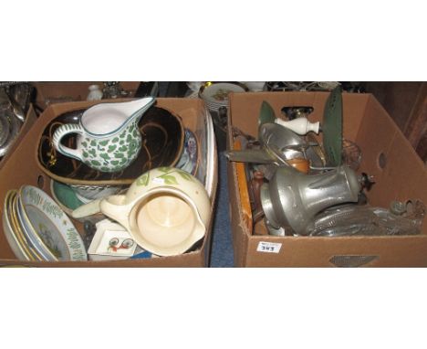 Two trays of assorted items to include: modern Delft type bowls; baluster floral jugs; glass decanter; candlesticks; loose pl