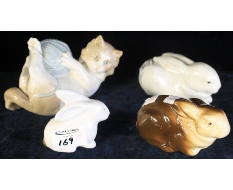 Group of china cats and rabbit studies to include: Nao; Lladro; Poole and Hollohaza. (4)(B.P. 24% incl. VAT)