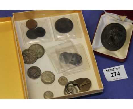 Box containing assorted loose coins, 19th Century and later, florins, 1 pennies etc., and bronze oval portrait medallion mark